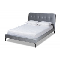 Baxton Studio CF9013-Silver Grey-King Ingrid Glam and Luxe Silver Grey Velvet Fabric Upholstered King Size Platform Bed
